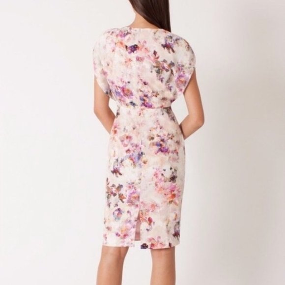 Black Halo Yoomi Floral Cap Sleeve Sheath Dress Watercolor Floral Blush Size 12 - Picture 2 of 16